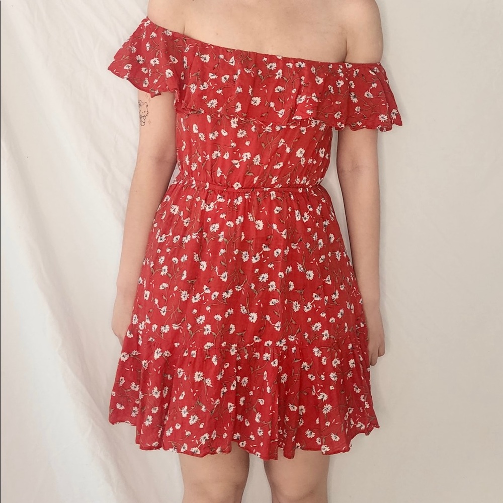 Red floral off the shoulder dress